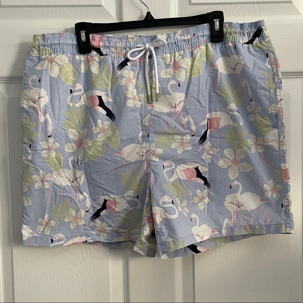 Brooks Brothers flamingo swim trunks
